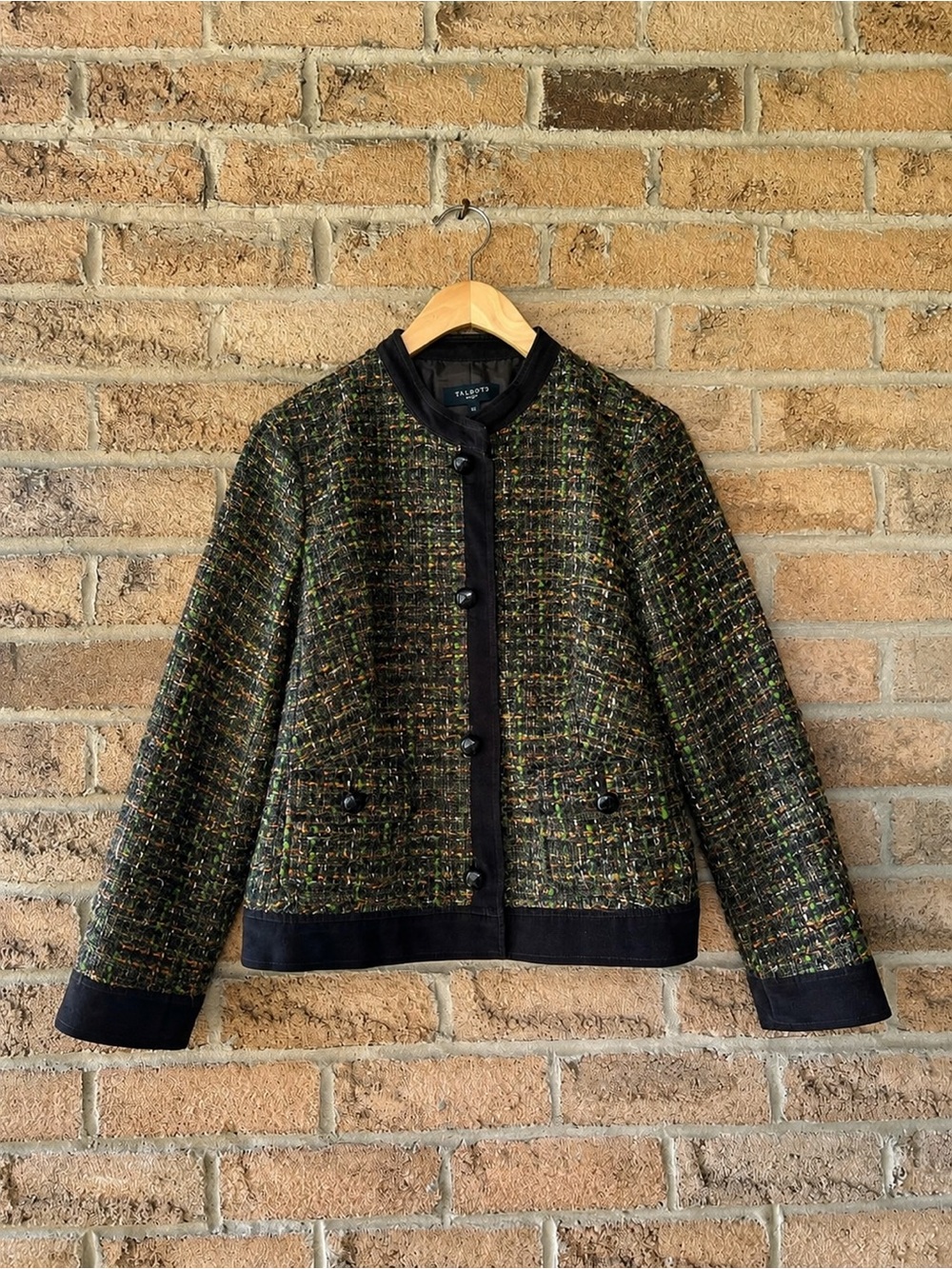 Talbots Petites Multicolour Tweed Jacket 10P Black Trim Collarless Blazer